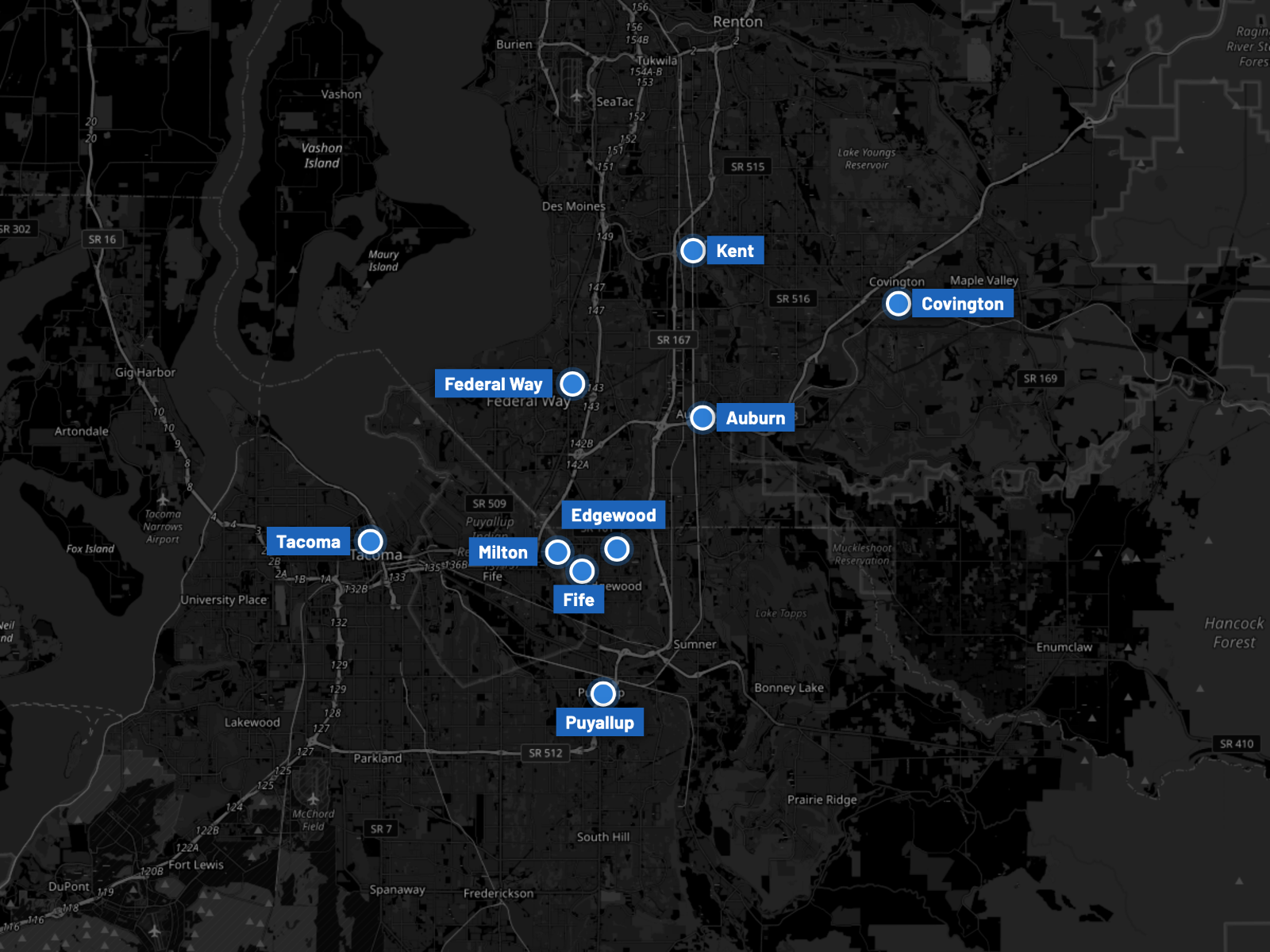 Map of the service area around Tacoma, showing Kent, Covington, Federal Way, Auburn, Edgewood, Milton, Tacoma, Fife and Puyallup